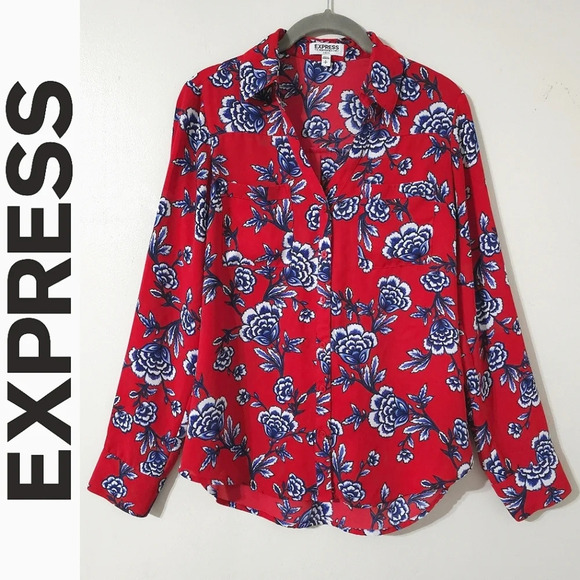 EXPRESS Red White Blue Floral Portofino Collared Button Down Blouse, Slim Fit, S - Picture 1 of 16